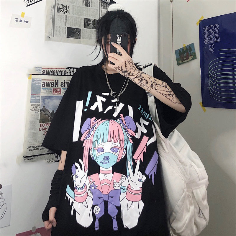 Cute Japanese Girl Punk Goth Print Oversized Short Sleeve Shirt Tee T-shirt E-Girl Kawaii Korean Japanese Harajuku Retro Streetwear Aesthetic