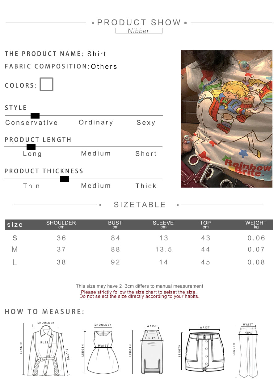 Cute Sexy White Unicorn Rainbow Cartoon Crop Top T-shirt Tee Short Sleeve Shirt E-Girl Kawaii Korean Japanese Harajuku Retro Streetwear