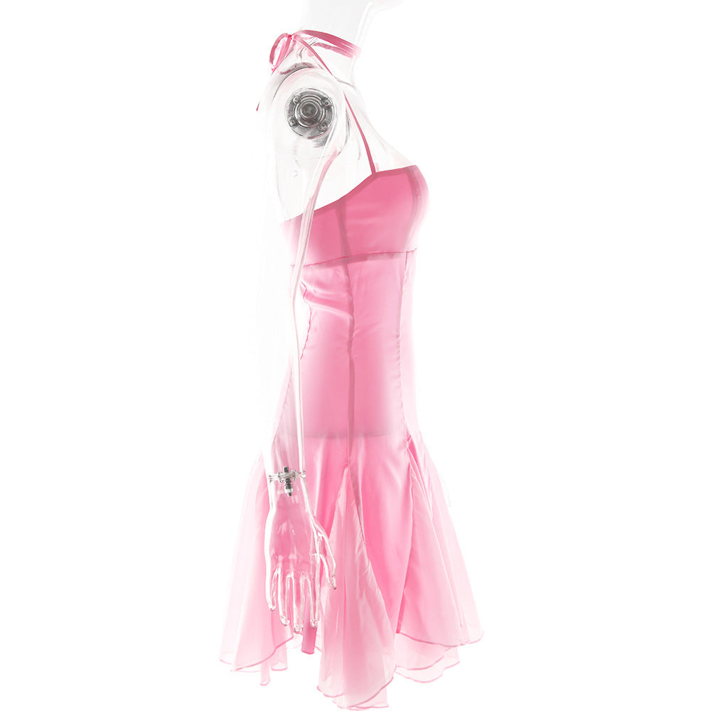 Pink Satin Halter Tie Mini Dress