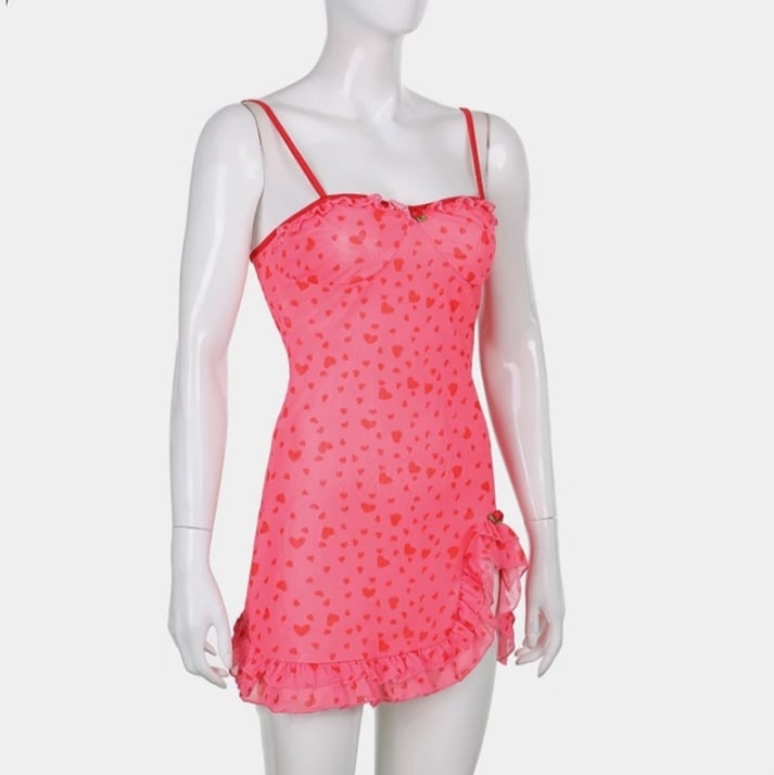 Cute Sweet 90s Pink Heart Print Sleeveless Strap Ruffles Short Mini Dress Aesthetic Casual Summer E-Girl Kawaii Korean Japanese Harajuku