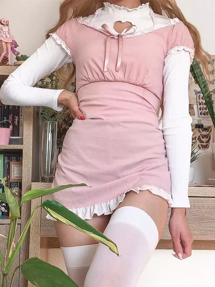 Pink Ruffles Short Sleeve Lace Patchwork Dress Summer Aesthetic Casual E-Girl Kawaii Korean Japanese Harajuku