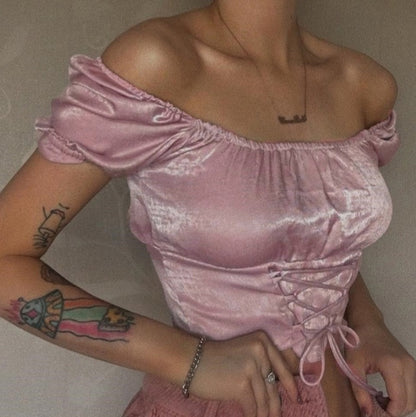 Cute Vintage Pink Silky Satin Short Sleeve Shirt Crop Top Lace Up Elegant Aesthetic Casual Summer E-Girl Kawaii Korean Japanese Harajuku