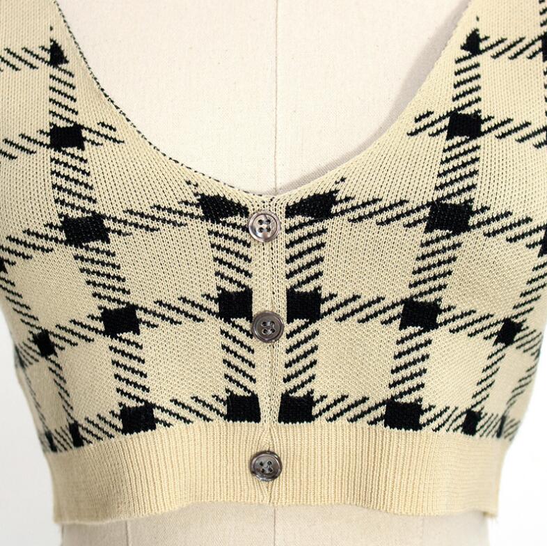 Cute 2 Pcs Gingham Plaid Sweater Knit Button Up Crop Top Shirt Tee T-shirt E-Girl Kawaii Korean Japanese Harajuku Chinese Retro Streetwear Aesthetic