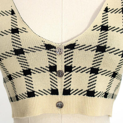 Cute 2 Pcs Gingham Plaid Sweater Knit Button Up Crop Top Shirt Tee T-shirt E-Girl Kawaii Korean Japanese Harajuku Chinese Retro Streetwear Aesthetic