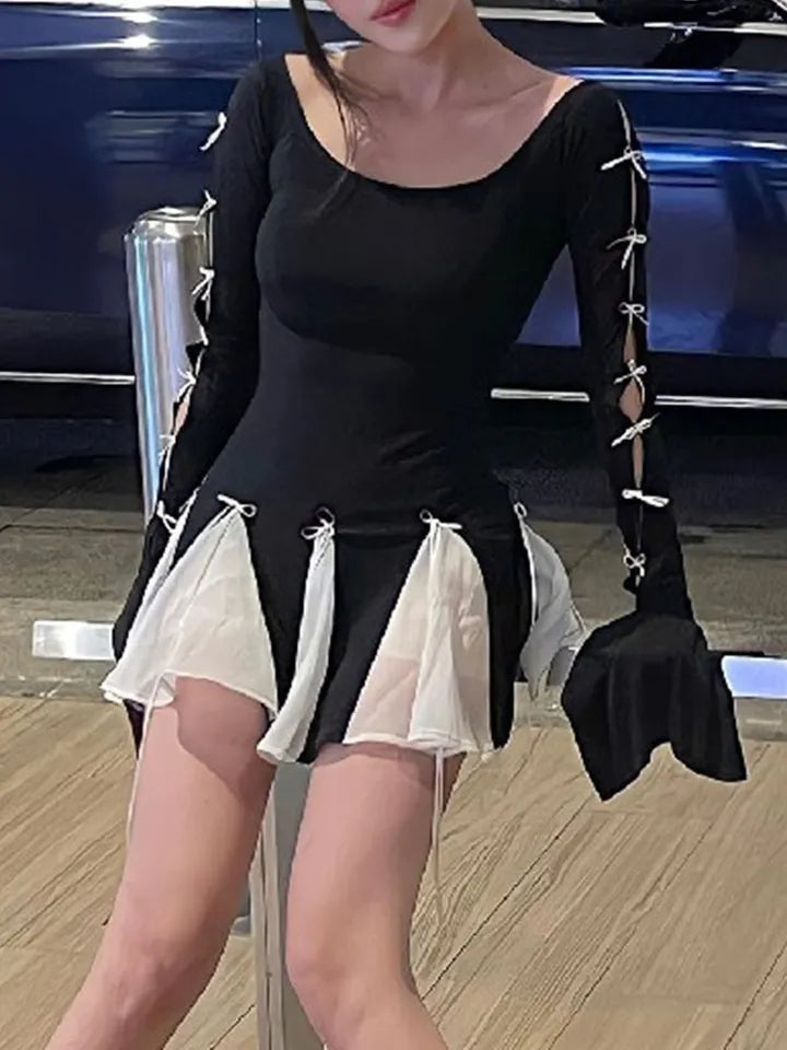 Black Lace Up Splice Fold Bodycon Dress