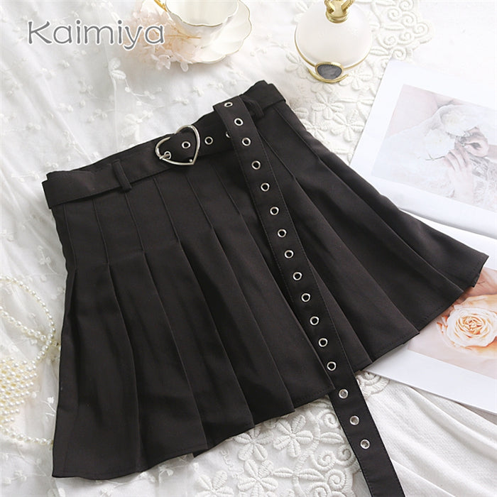 Cute Preppy Summer Pleated Heart Shape Belt High Waist Mini Skirt Bottom E-Girl Kawaii Korean Japanese Harajuku Chinese Retro Streetwear Aesthetic