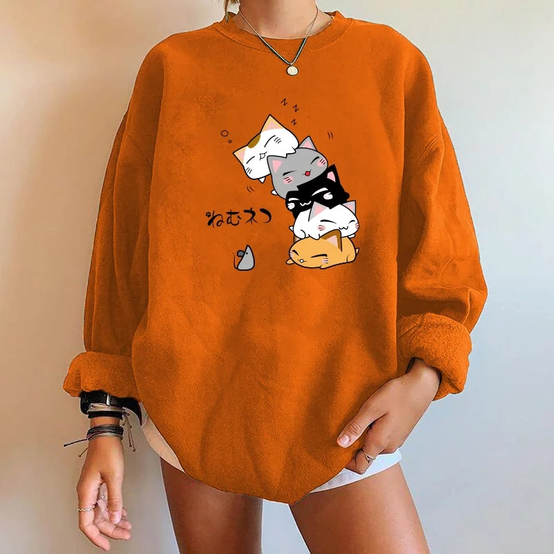 Cute Cat Print Oversized Sweatshirt Pullover Sweater Hoodie Aesthetic Casual E-Girl Kawaii Korean Japanese Harajuku