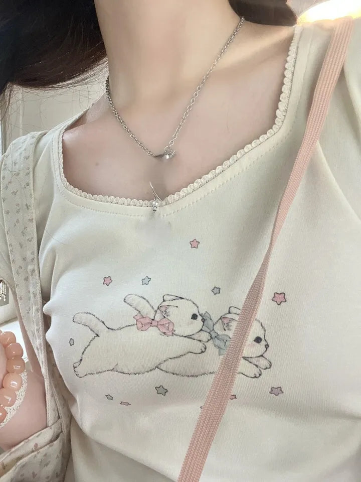 Rabbit Kitten Lace Trim Short Sleeve T-shirt