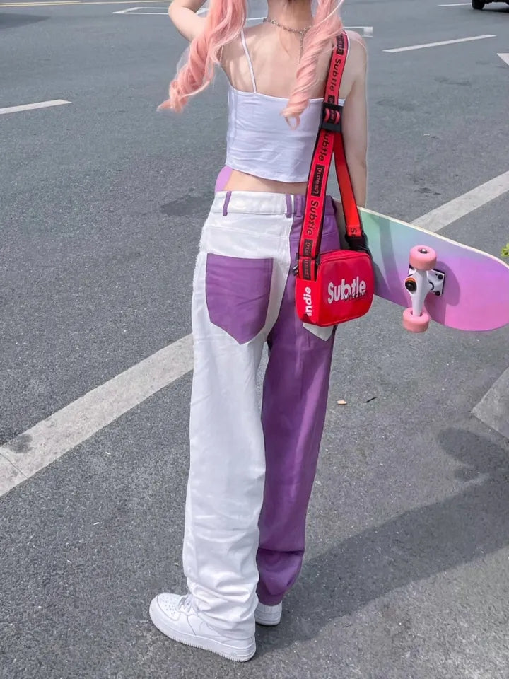 Purple & White Patchwork Straight Wide Leg Pants