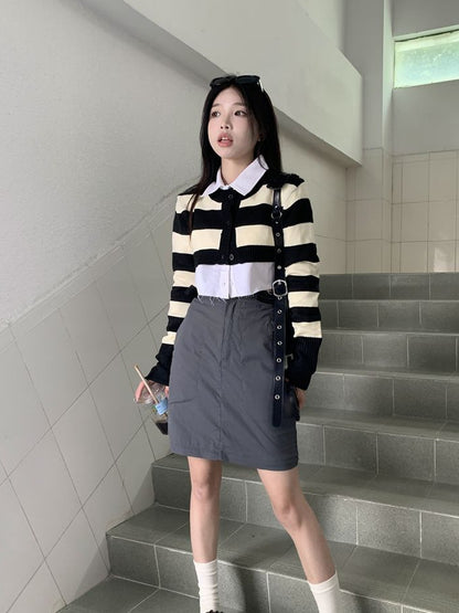 2PCS Stripe Sweater + White Shirt