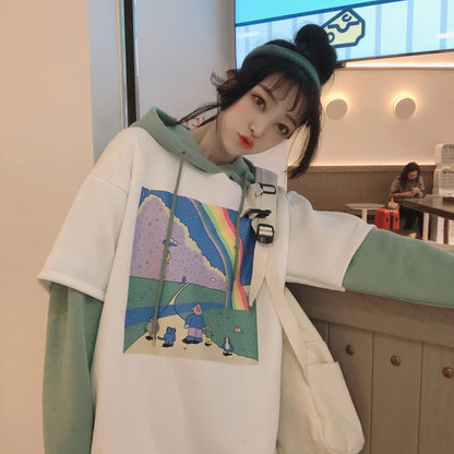 Rainbow Cartoon Print Hoodie Patchwork Loose Drawstring Sweatshirt Sweater Long Sleeve Pullover E-Girl Kawaii Korean Japanese Harajuku Streetwear