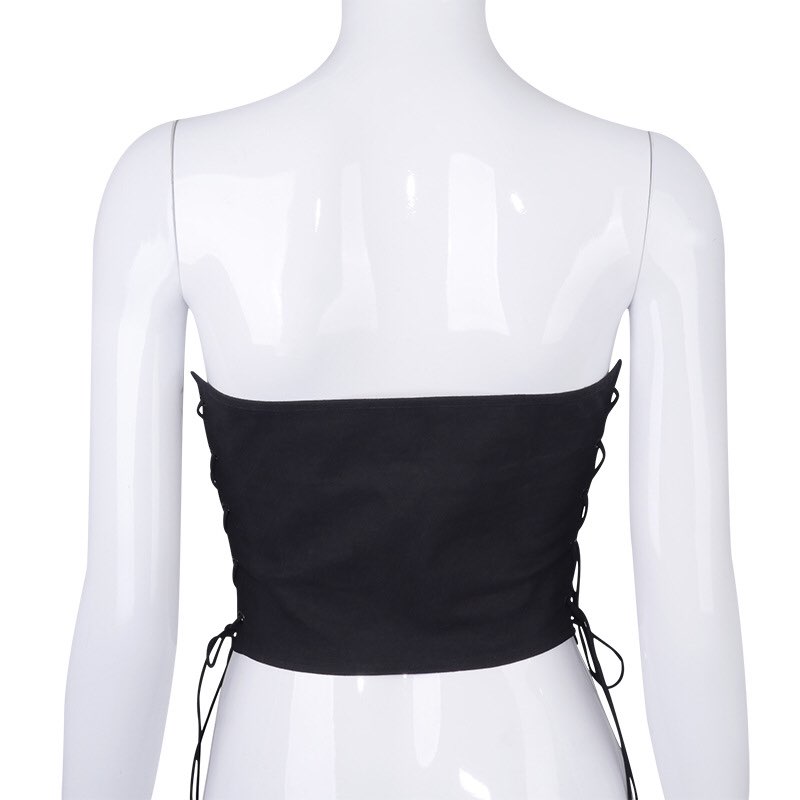 Sexy Black Corset Lace Tie Up Bustier Crop Top Sleeveless Strapless Vest Party Club Aesthetic Goth E-Girl Kawaii Korean Japanese Harajuku Streetwear