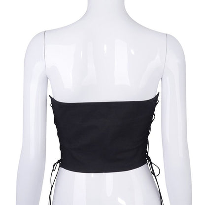 Sexy Black Corset Lace Tie Up Bustier Crop Top Sleeveless Strapless Vest Party Club Aesthetic Goth E-Girl Kawaii Korean Japanese Harajuku Streetwear