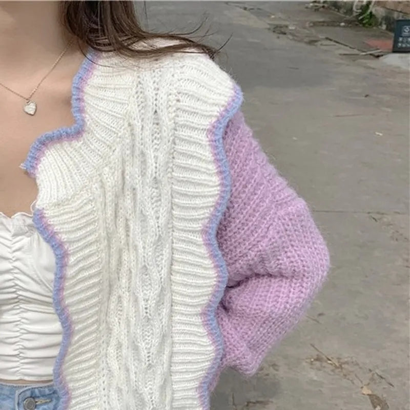 Purple & White Patchwork Knit Cardigan