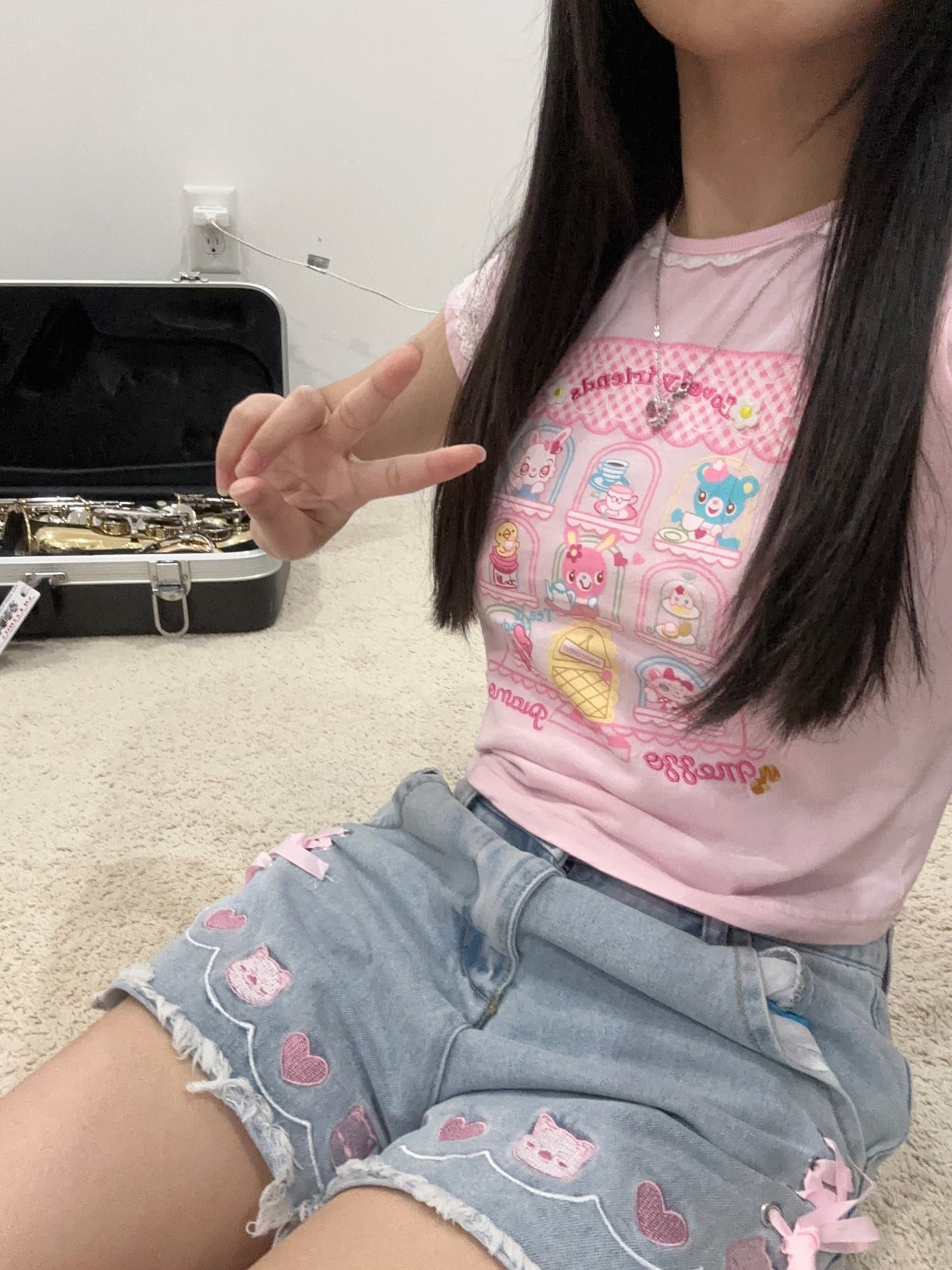 Cat Embroidery Pink Ribbon Denim Shorts