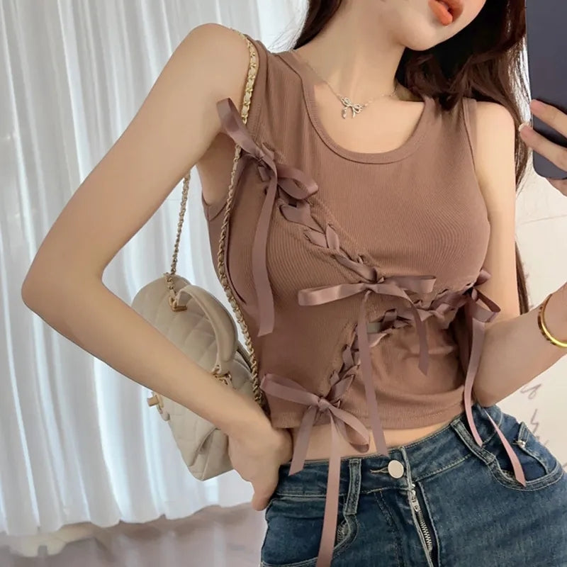 Brown Bow Tie Hollow Out Tank Top