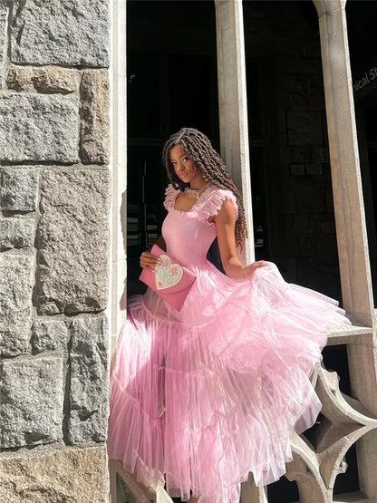 Pink Fairy Mesh Puffy Square Neck Long Dress