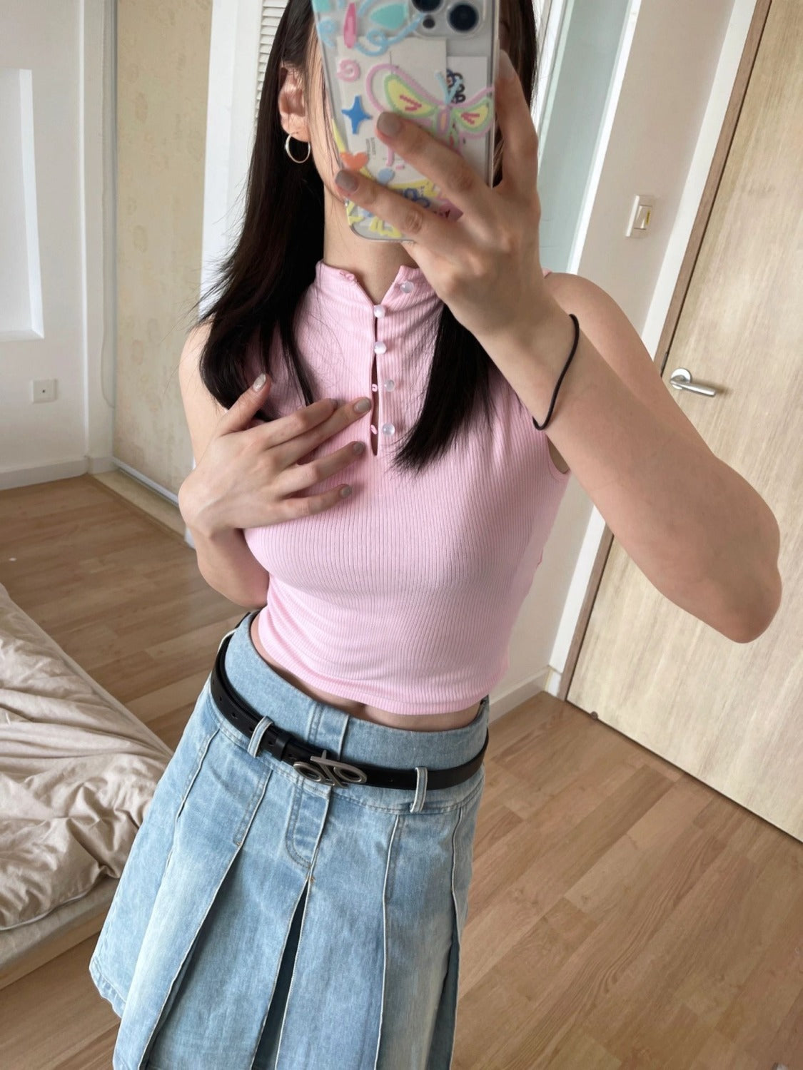 Denim Pleated High Waist Midi Skirt