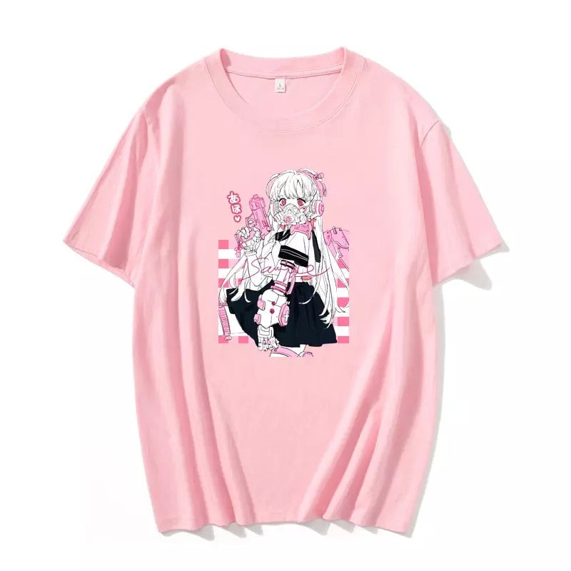 Cute Pink Black Sweet Vintage Anime Girl Cartoon Loose Short Sleeve Shirt Tee T-shirt Summer Casual E-Girl Kawaii Korean Japanese Harajuku Streetwear