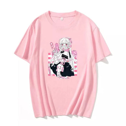 Cute Pink Black Sweet Vintage Anime Girl Cartoon Loose Short Sleeve Shirt Tee T-shirt Summer Casual E-Girl Kawaii Korean Japanese Harajuku Streetwear