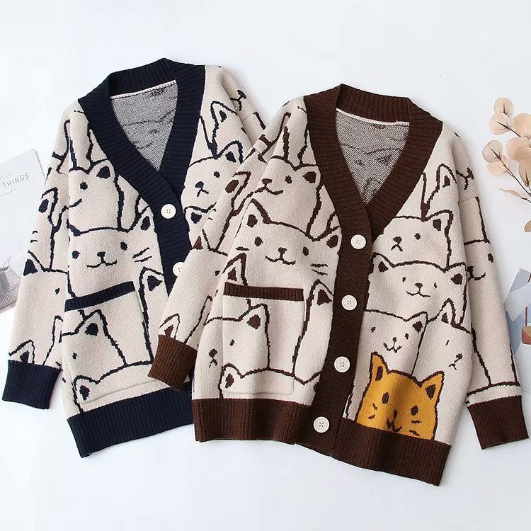 Cat Print V Neck Sweater