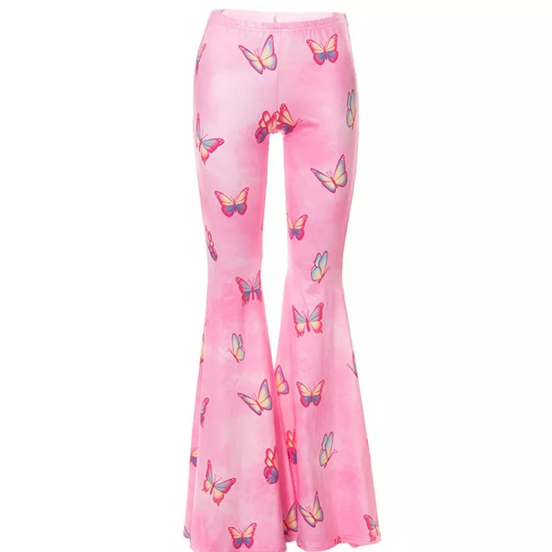 Pink Butterfly Low Waist Flare Bell Bottom Pants Rave Festival Aesthetic Casual E-Girl Kawaii Korean Japanese Harajuku