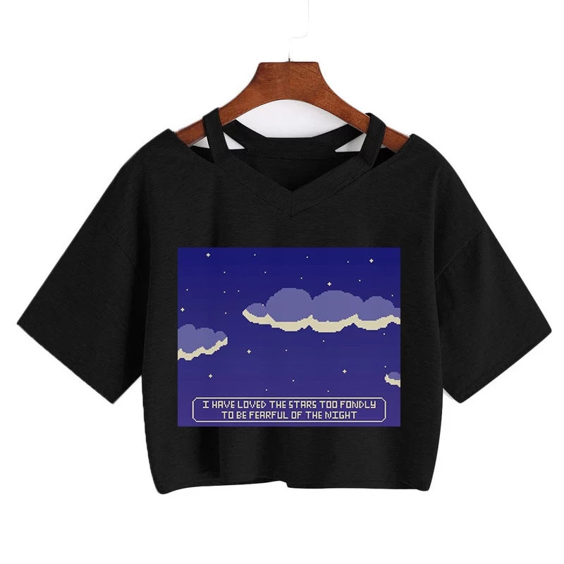 Cute Vintage Mountain Road Moon Night Sky Print Crop Top Short Sleeve Shirt Aesthetic Casual E-Girl Kawaii Korean Japanese Harajuku