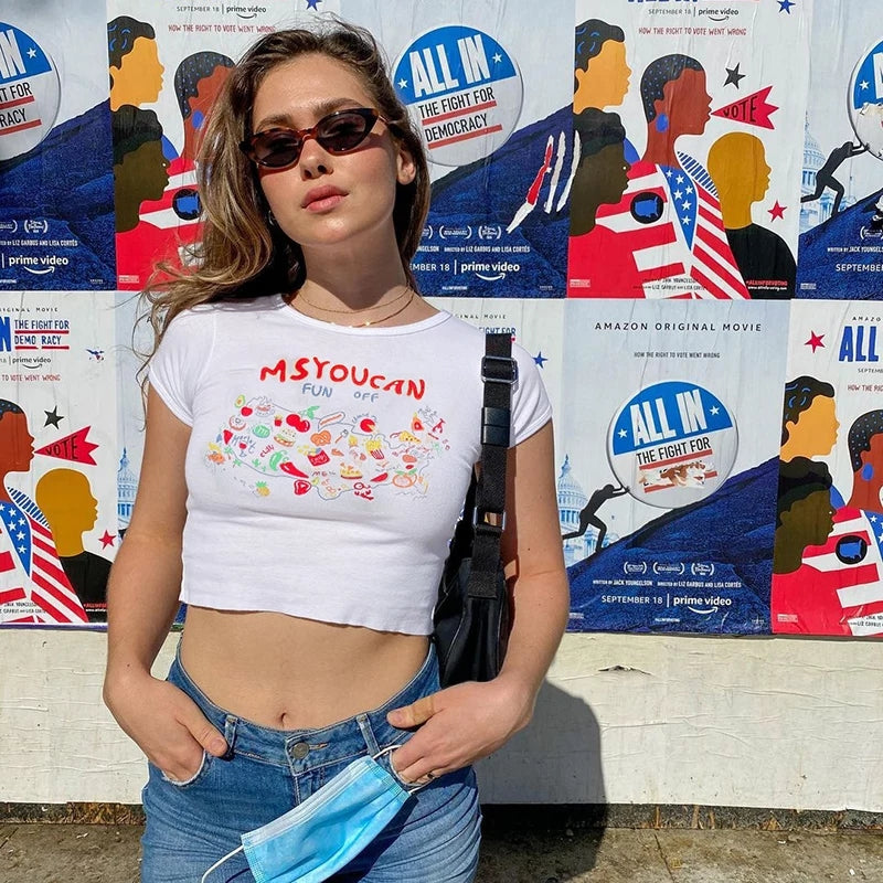 Cute Fruit Food Graphic Cartoon Short Sleeve Tee Crop Top Basic Casual Punk Summer E-Girl Kawaii Korean Japanese Harajuku Streetwear