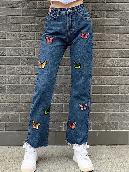Butterfly Embroidery High Waist Denim Jeans