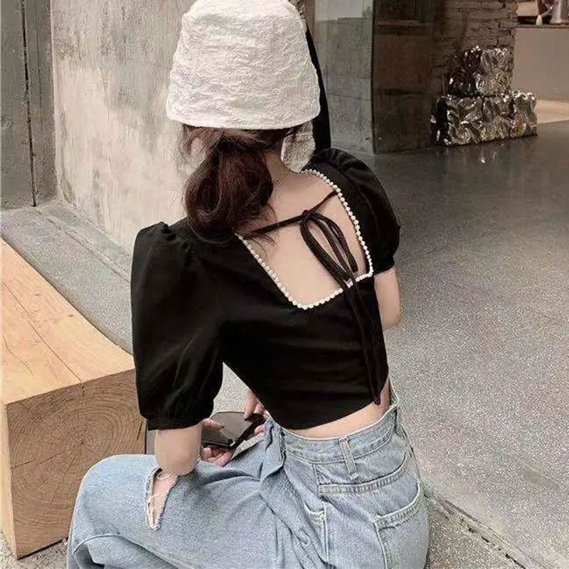Black Pearl Lace Up Backless Puff Sleeve Blouse
