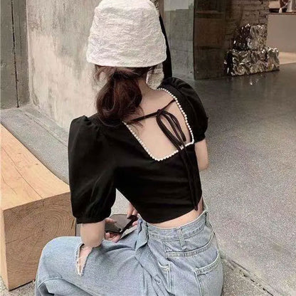 Black Pearl Lace Up Backless Puff Sleeve Blouse