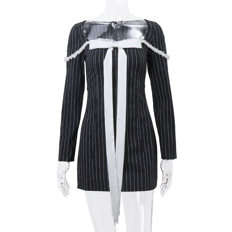Preppy Bow Sqaure Neck Long Sleeve Dress