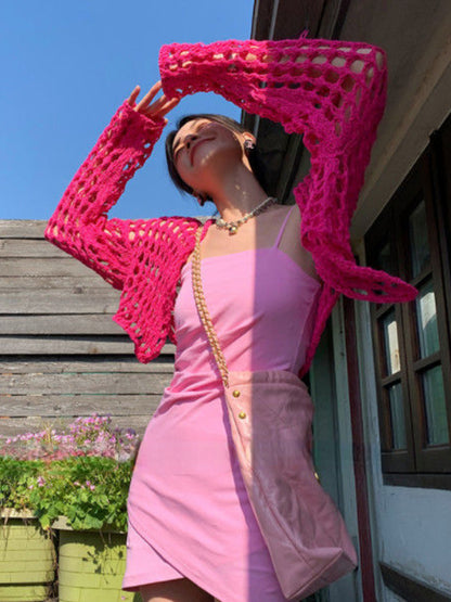 Pink Hollow Out Smock Knit Sweater