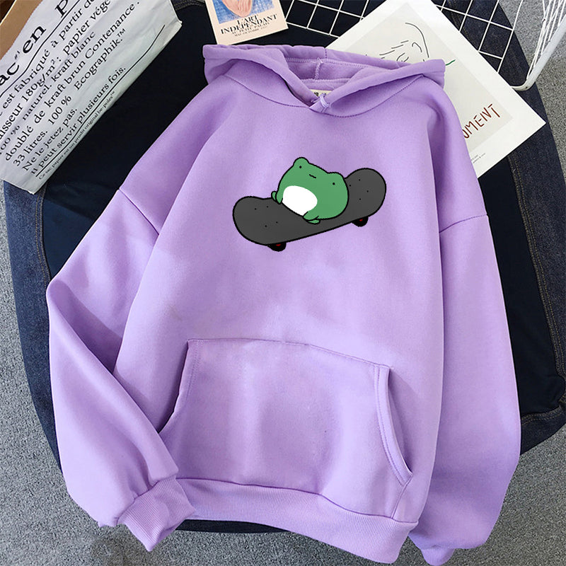 Skateboard Frog Cartoon Casual Loose Oversized Hoodie Sweater Sweatshirt Long Sleeve Pullover E-Girl Kawaii Korean Japanese Harajuku Streetwear