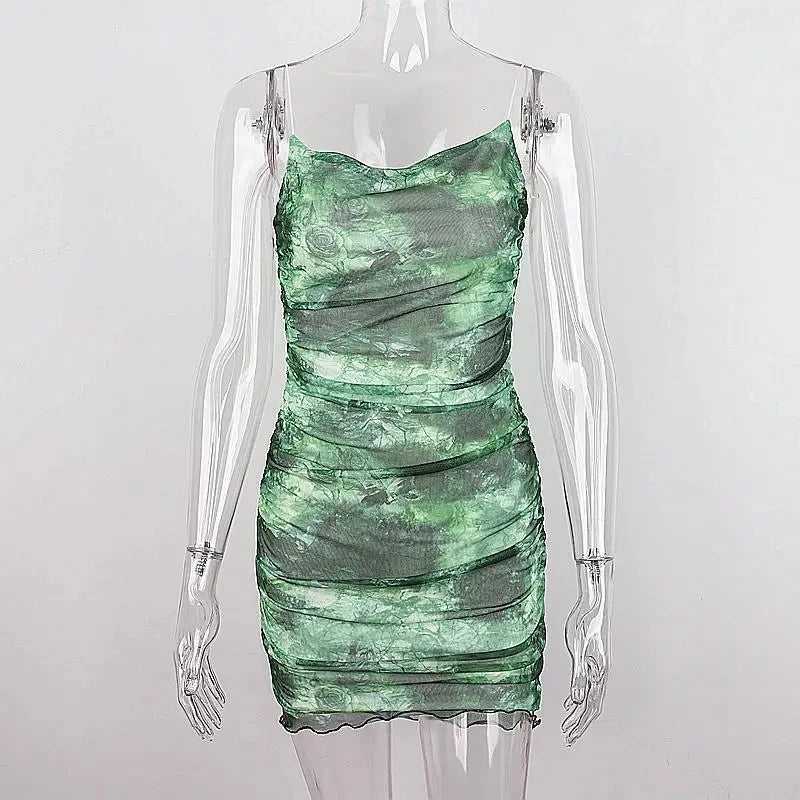 Green Mesh Spaghetti Strap Mini Dress