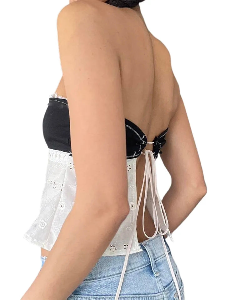 Off Shoulder Lace Trim Patchwork Top