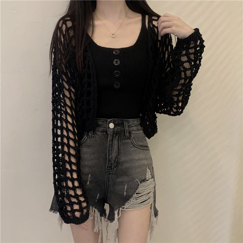 2PCS Green Button Top + Crochet Smock