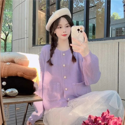 Purple Single Breasted Pocket Loose Cardigan