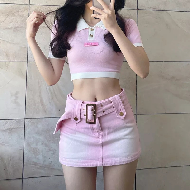 Pink Denim Low Waist Belt A-Line Skirt