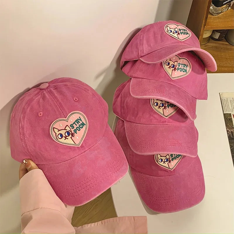 Pink Cat Heart Embroidery Baseball Hat