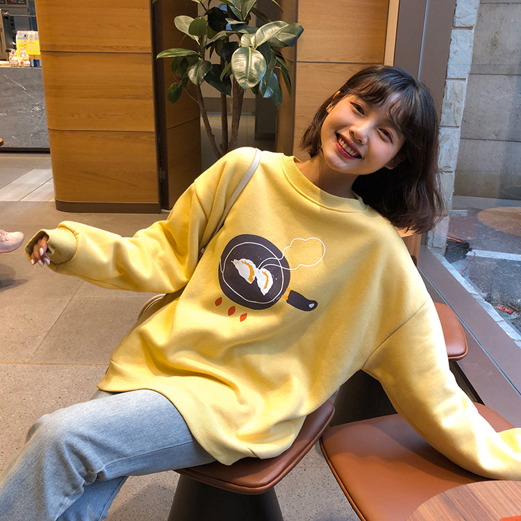 Dumpling Ramen Food Cartoon Print Loose Oversized Long Sleeve Sweatshirt Sweater Pullover Causal E-Girl Kawaii Korean Japanese Harajuku Streetwear