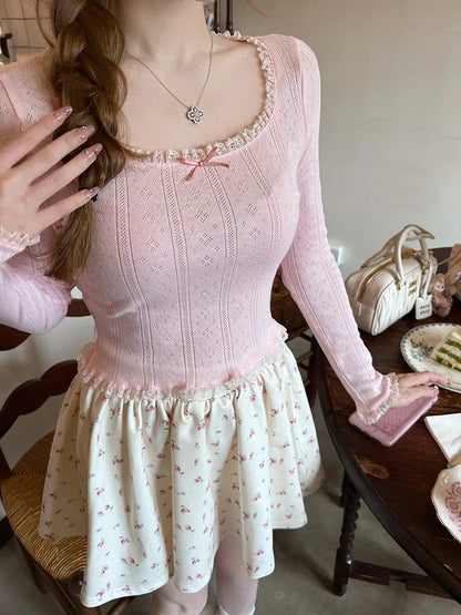 Pink Bow Lace Trim Long Sleeve Shirt