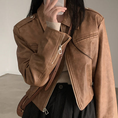 Brown PU Leather Turn Down Collar Zipper Jacket