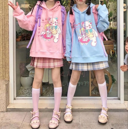 Cute Pastel Anime Girl Teddy Bear Cartoon Graphic Print Oversized Fleece Hoodie Sweatshirt Aesthetic Casual E-Girl Kawaii Korean Japanese Harajuku