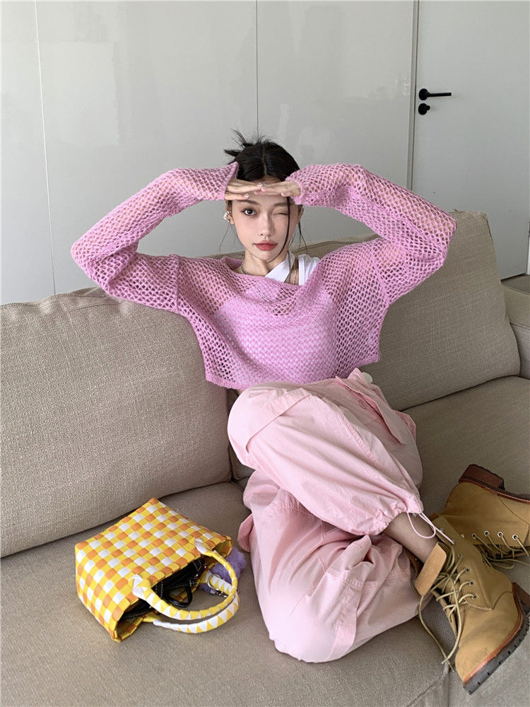 Pink Hollow Out Knit Cropped Sweater