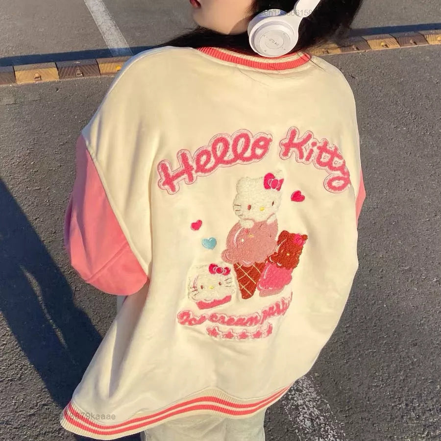 Pink Japanese Anime Cat Embroidery Patchwork Varsity Baseball Jacket