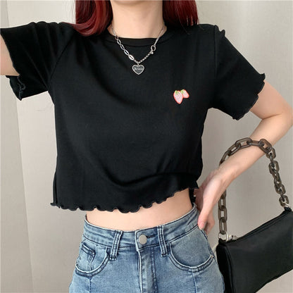 Strawberry Embroidery Ruffle Short Sleeve Shirt
