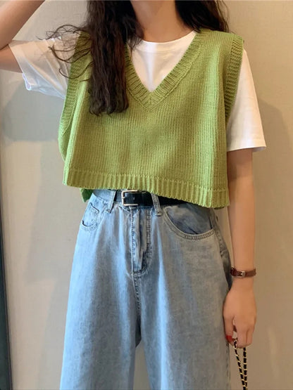 Green V Neck Knit Sweater Vest