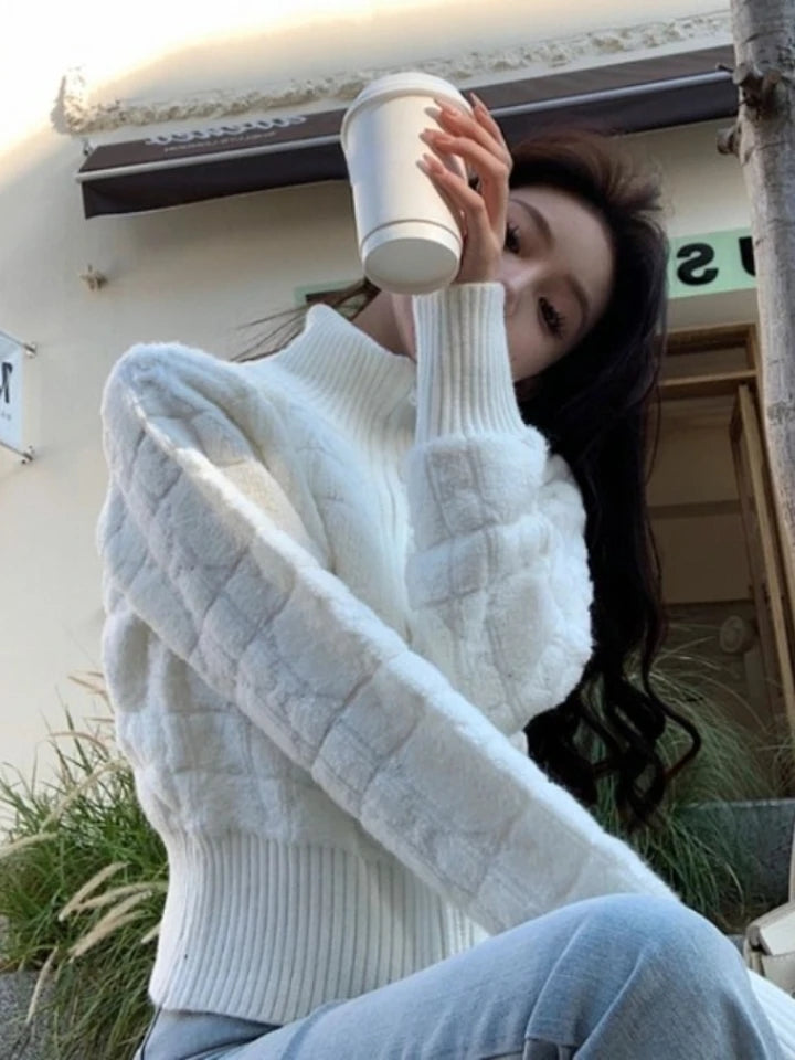 White Turtleneck Zipper Sweater