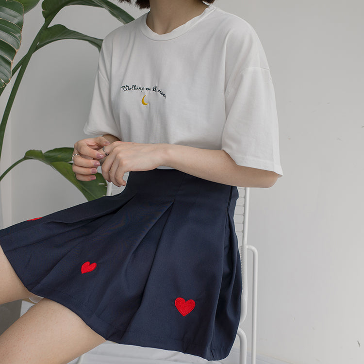 Cute Cresent Moon Sky Print Embroidery Shirt T-shirt Tee Top Kawaii Korean Japanese Harajuku Chinese Retro Streetwear Aesthetic Fashion